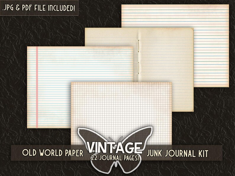 May include: Vintage junk journal kit with 22 pages. The pages are made of old world paper with different patterns, including lined, grid, and plain. The kit includes a butterfly graphic with the text "Vintage Junk Journal Kit 22 Journal Pages!"