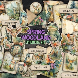 Woodland ephemera papers printable Spring animal scrapbook fussy cut Digital pockets kit Printful woodland clipart Junk journal ephemera kit