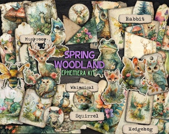 Woodland ephemera papieren afdrukbare lente dieren plakboek kieskeurig gesneden Digitale zakken kit Printful bos clipart Junk journal ephemera kit