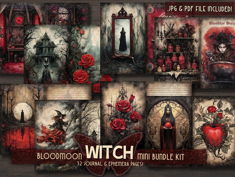 Witch bundle printable kit Gothic junkjournal bundle Dark witch ephemera Digital red paper Grimoire BOS pages Magical witch junk journal kit zdjęcie 5