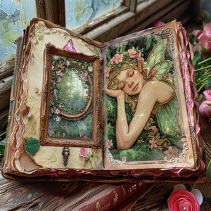 May include: An open vintage book with a floral design on the cover. The left page features a framed illustration of a forest scene with a window. The right page features a painting of a fairy with wings, sleeping in a garden.
