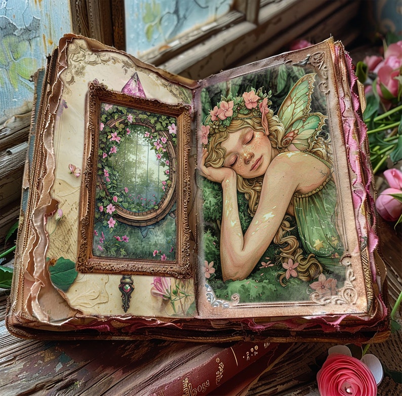 May include: An open vintage book with a floral design on the cover. The left page features a framed illustration of a forest scene with a window. The right page features a painting of a fairy with wings, sleeping in a garden.