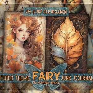 Puede incluir: Un kit de diario de chatarra digital de 16 p&aacute;ginas con un tema de oto&ntilde;o. El kit incluye im&aacute;genes de un hada, hojas y una casa. El texto "JPG & PDF FILE INCLUDED!" y "AUTUMN THEME FAIRY JUNK JOURNAL KIT 16 JOURNAL PAGES!" es visible en la imagen.