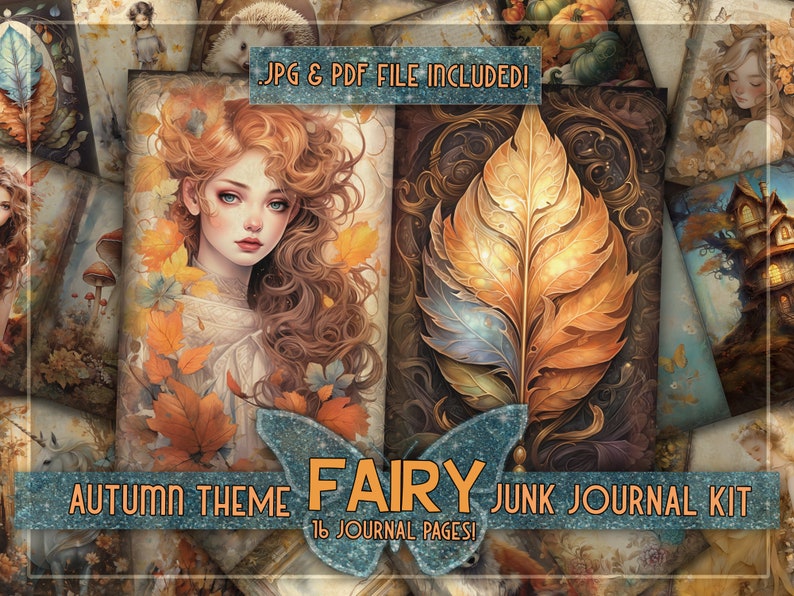 Puede incluir: Un kit de diario de chatarra digital de 16 p&aacute;ginas con un tema de oto&ntilde;o. El kit incluye im&aacute;genes de un hada, hojas y una casa. El texto "JPG & PDF FILE INCLUDED!" y "AUTUMN THEME FAIRY JUNK JOURNAL KIT 16 JOURNAL PAGES!" es visible en la imagen.