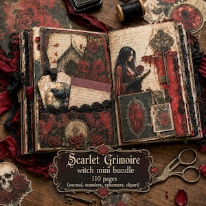 May include: An open journal with a gothic theme, featuring illustrations of a woman, roses, and a key. The pages are aged with a vintage aesthetic. The cover has the text "Scarlet Grimoire witch mini bundle - 110 pages".