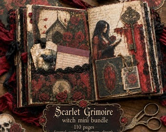 May include: An open journal with a gothic theme, featuring illustrations of a woman, roses, and a key. The pages are aged with a vintage aesthetic. The cover has the text "Scarlet Grimoire witch mini bundle - 110 pages".