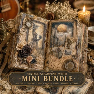 May include: Open vintage journal with steampunk witch illustrations. The journal features a witch in a hat, a full moon, and a castle. The cover is decorated with lace, flowers, and a clock. The text reads "Vintage Steampunk Witch Mini Bundle".