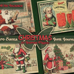 May include: A digital printable junk journal kit with 16 pages featuring vintage Christmas images. The kit includes images of Santa Claus, candles, and Christmas trees. The text "Retro Santa Christmas Junk Journal Kit 16 Journal Pages!" is displayed on the image.