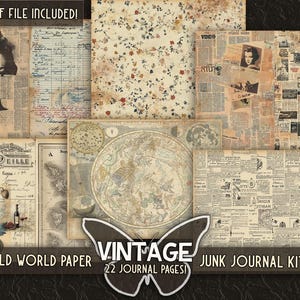 May include: Vintage junk journal kit with 22 pages. The kit includes a variety of papers with different textures and patterns, including a map, a floral pattern, and a newspaper print. The papers are perfect for creating unique and personalized journals.
