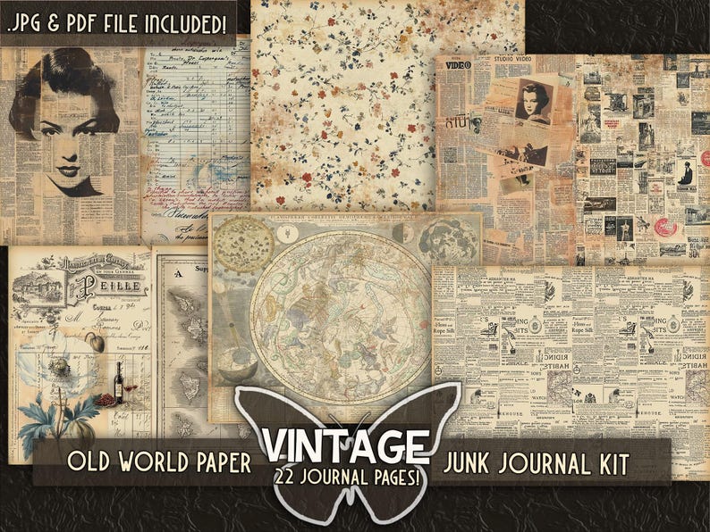 May include: Vintage junk journal kit with 22 pages. The kit includes a variety of papers with different textures and patterns, including a map, a floral pattern, and a newspaper print. The papers are perfect for creating unique and personalized journals.
