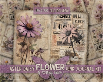 Vintage flower junk journal kit Daisy ephemera papers printable Floral junkjournal pages Digital downloaded Daisi flowers scrapbook kit gift