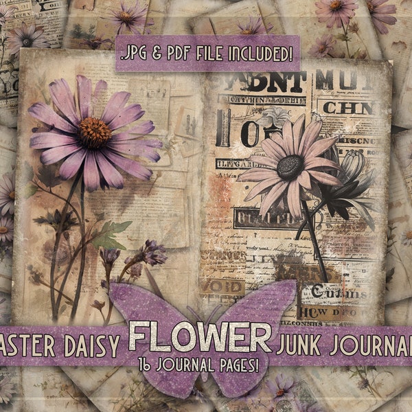 Vintage flower junk journal kit Daisy ephemera papers printable Floral junkjournal pages Digital downloaded Daisi flowers scrapbook kit gift