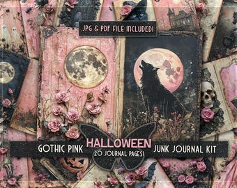May include: A digital junk journal kit with 20 pages featuring a gothic pink theme. The pages include images of a full moon, a howling wolf, a skull, and a jack-o-lantern. The text "HALLOWEEN GOTHIC PINK JUNK JOURNAL KIT 20 JOURNAL PAGES!" is displayed on the front cover.