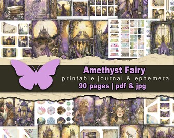 Amethyst fairy journal ephemera Digital scrapbook layering supplies Whimsical purple fairycore illustration Fantasy princess fairy bundle