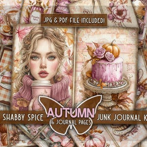 Junkjournal imprimable citrouille épicée Papiers minables rose pêche Cottage bohème automne graphiques Papiers citrouille d'automne pages d'automne Coffee girl