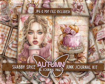 Pumpkin spice printable junkjournal Shabby papers peach pink Cottage boho fall graphics Autumn pumpkin design papers Coffee girl fall pages