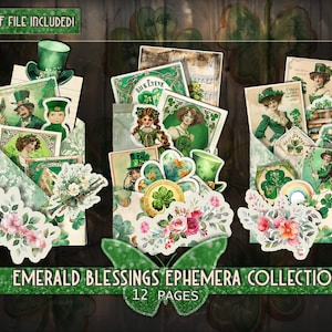 Kit imprimível St. Patrick Fussy cut junkjournal Clipart verde Trevos efêmeras digitais Bolsos carregados etiquetas imprimíveis Cartões papéis feriado