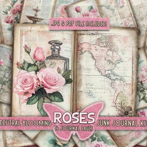 Diario imprimible de rosas rosas, papeles de arte con mapas antiguos, páginas imprimibles de Castle Garden, rosa ruborizado, mariposas, rosas, kit neutro.