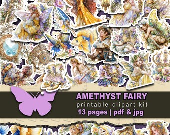 Amethyst fairy printable clipart Magical woodland creatures fussycut Digital purple forest fairy Scrapbooking magical object stickers Addon