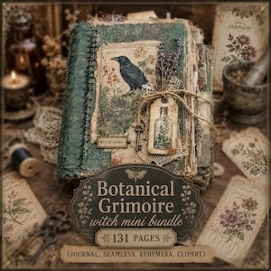 May include: A green journal with a black crow illustration, a small tag featuring a glass bottle, a metal key, and lace accents. The cover displays the text Botanical Grimoire witch mini bundle 131 PAGES JOURNAL, SEAMLESS, EPHEMERA, CLIPART.