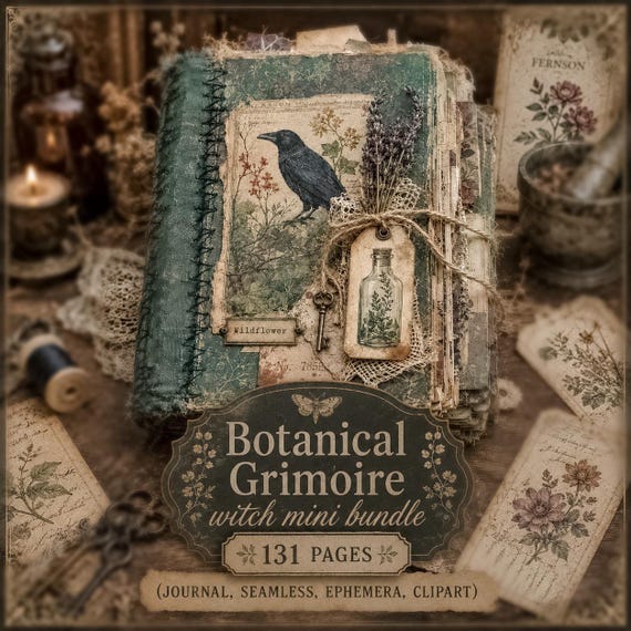 Botanical vintage herb witch printable Grimoire occult book of shadows Dark green witch junkjournal Apothecary herbal pages Mystical garden