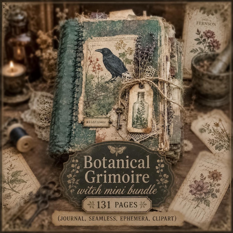 Pode incluir: Um di&aacute;rio verde com uma ilustra&ccedil;&atilde;o de um corvo preto, uma pequena etiqueta com uma garrafa de vidro, uma chave de metal e detalhes em renda. A capa exibe o texto Botanical Grimoire witch mini bundle 131 PAGES JOURNAL, SEAMLESS, EPHEMERA.