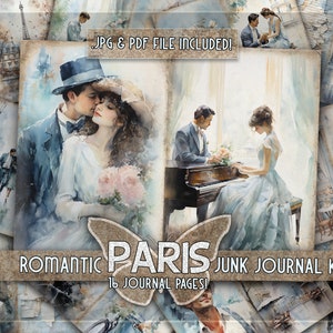 Liebe Junkjournal Printable Pages Kit Digital heruntergeladene blaue Junk Journal Romantisches Papier begabt Liebesgeschichte Junkjournaling Seite French romanc