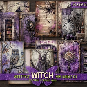 May include: A digital collage kit with 32 pages of purple and black themed witchy ephemera. The kit includes images of owls, potions, branches, and a witch. The text "Potion Shelf" and "Amethyst Witch Mini Bundle Kit" is included in the image.