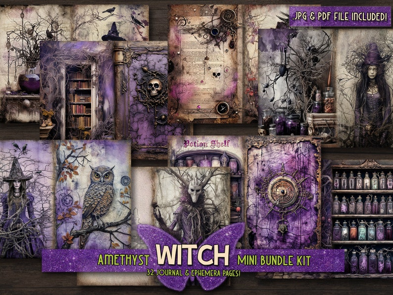 May include: A digital collage kit with 32 pages of purple and black themed witchy ephemera. The kit includes images of owls, potions, branches, and a witch. The text "Potion Shelf" and "Amethyst Witch Mini Bundle Kit" is included in the image.