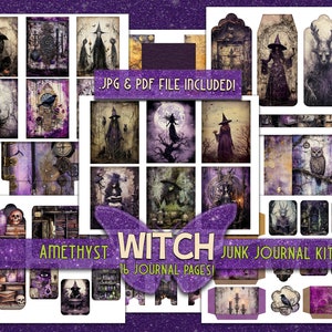 Kit para impressão de efêmeras de bruxa mágica Roxo witchi em papel Addon envelope pockets tags kit Digital baixado efêmeras junkjournal Ametista