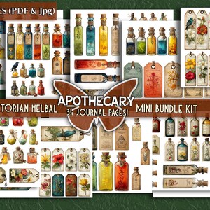 Pode incluir: Uma cole&ccedil;&atilde;o digital de 34 p&aacute;ginas de di&aacute;rio imprim&iacute;veis intitulada Apothecary Victorian Herbal Mini Bundle Kit, apresentando in&uacute;meras ilustra&ccedil;&otilde;es de frascos de botic&aacute;rio de vidro com l&iacute;quidos coloridos e v&aacute;rias etiquetas florais.