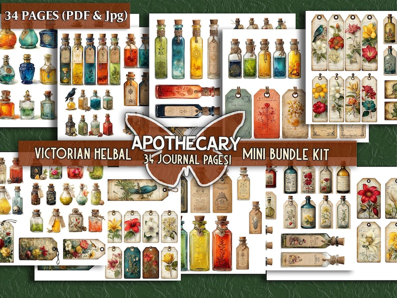 Pode incluir: Uma cole&ccedil;&atilde;o digital de 34 p&aacute;ginas de di&aacute;rio imprim&iacute;veis intitulada Apothecary Victorian Herbal Mini Bundle Kit, apresentando in&uacute;meras ilustra&ccedil;&otilde;es de frascos de botic&aacute;rio de vidro com l&iacute;quidos coloridos e v&aacute;rias etiquetas florais.