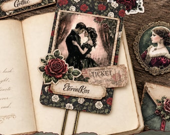 Dark academia gothic romance Hidden paperclip junk journal printable Red victorian mini folio Vintage memory book lover Elegent paper gifts