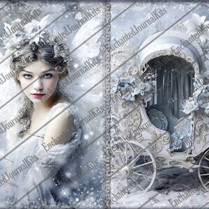 Op de afbeelding: Een witte fee met zilver haar en een witte jurk staat in een besneeuwd bos. Ze heeft grote blauwe ogen en een delicate, etherische uitstraling. Een witte koets met zilveren accenten en bloemendecoraties staat op de achtergrond.