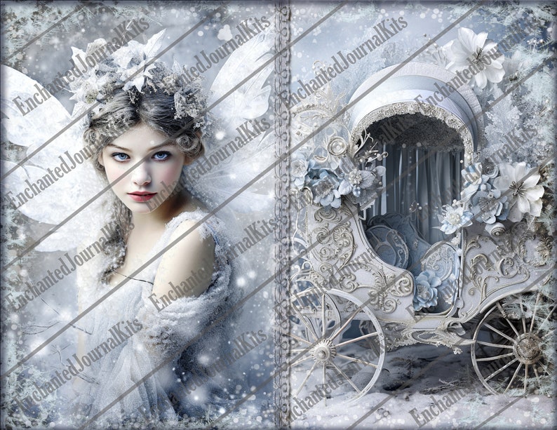 Op de afbeelding: Een witte fee met zilver haar en een witte jurk staat in een besneeuwd bos. Ze heeft grote blauwe ogen en een delicate, etherische uitstraling. Een witte koets met zilveren accenten en bloemendecoraties staat op de achtergrond.