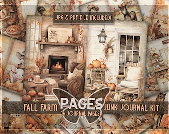 Puede incluir: Un kit de diario de chatarra digital con 16 páginas con temas de granja de otoño. Las páginas incluyen imágenes de calabazas, una chimenea, una granja, un cerdo, un gallo y un burro. El texto "JPG & PDF FILE INCLUDED!" y "FALL FARM PAGES JUNK JOURNAL KIT 16 JOURNAL PAGES!" es visible en la imagen.