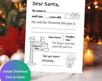 Letter to Santa, Printable Santa Letter, Coloring Page, Christmas List, Digital Download, Print at Home