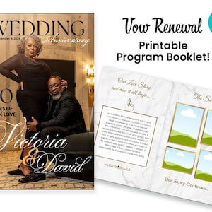 Puede incluir: Un folleto de programa de renovación de votos imprimible con un fondo de mármol y detalles dorados. El folleto presenta una foto de una pareja celebrando su 20º aniversario con el texto "Nuestra historia de amor y cómo todo comenzó..." y "Nuestra historia continúa..."