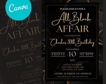Könnte beinhalten: Eine schwarze und goldene Einladung mit Marmorhintergrund. Die Einladung lautet: "Bitte nehmen Sie an einem All Black Affair teil, um den 30. Geburtstag von Charles zu feiern. Freitag, 10. November um 20:00 Uhr. Event Studios, 1234 Tree Lane Dr, Atlanta, GA 3032. Dresscode: Abendgarderobe. RSVP bis zum 21. Oktober 2023 888-098-7654."