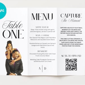 May include: A trifold wedding menu with a couple's photo, featuring the words "Table ONE" and "MENU." The menu lists appetizers, main courses, and desserts. The right panel says "CAPTURE The Moment" with instructions and a QR code.