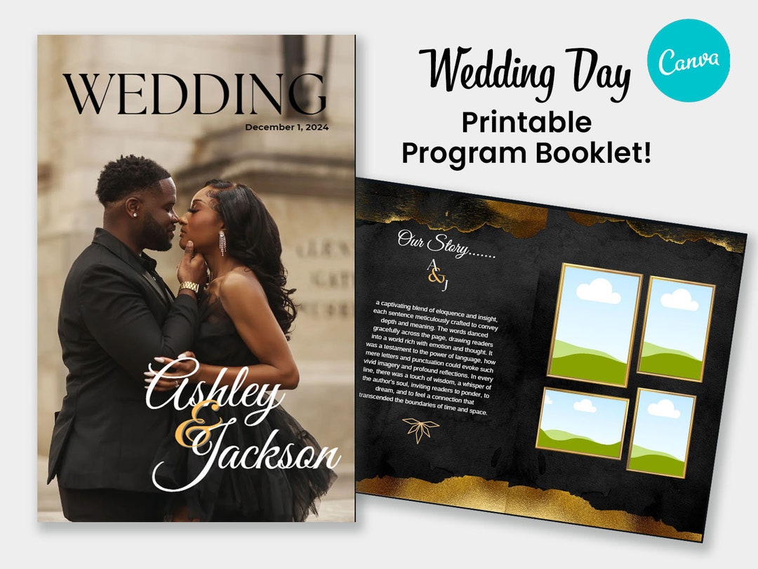 8 Page DIY Black & Gold Wedding Program Magazine Template Fully ...