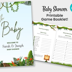 Jungle Theme Baby Shower Game Template, DIY Canva template for baby shower, party game design, Game booklet