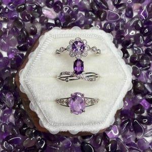 Puede incluir: Tres anillos de piedras preciosas de amatista exhibidos en una caja de madera forrada de terciopelo blanco, rodeados de piedras de amatista. Los anillos presentan varios diseños, incluyendo un halo floral, una banda torcida y un engaste ovalado clásico. Las piedras son de color púrpura vibrante.