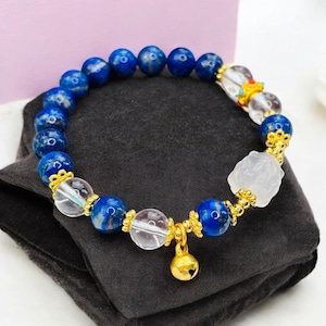 Nine Tailed Fox Bracelet – Lapis Lazuli & Clear Quartz – White Jade Charm – Feminine Power Spiritual Jewelry, Gift for Her, Adjustable Bead