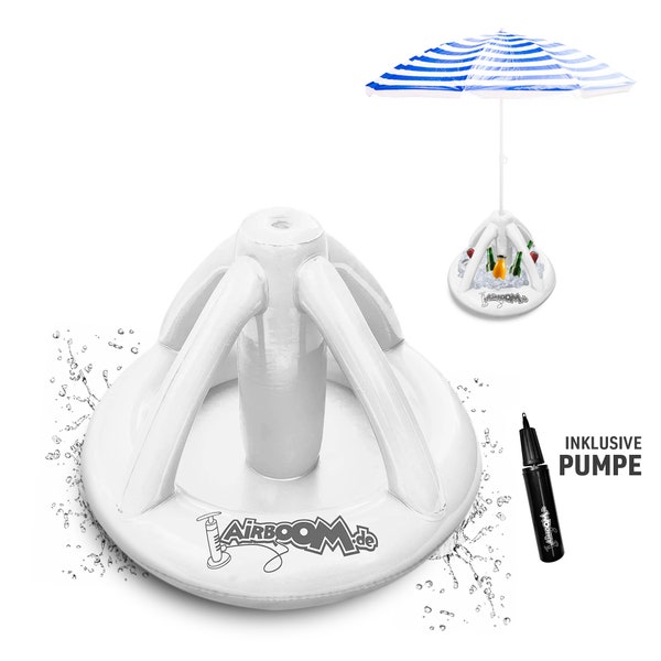 Airboom White - inflatable umbrella stand for beach umbrellas including pump, drinks cooler, parasol holder, beach camping sun protection