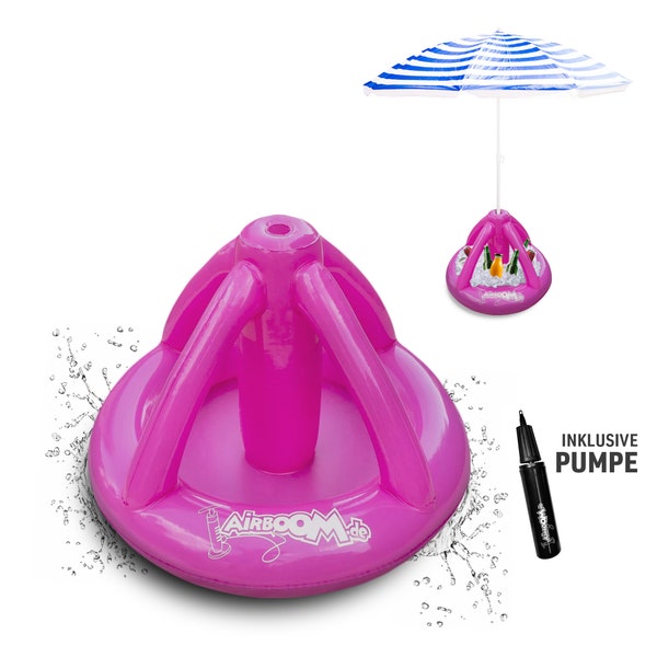 Airboom Pink - inflatable umbrella stand for beach umbrellas including pump, drinks cooler, parasol holder, beach camping sun protection