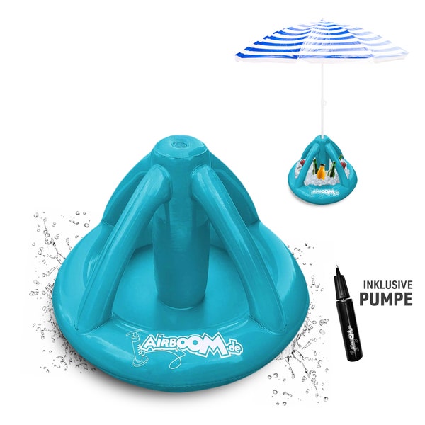 Airboom Blau - aufblasbarer Schirmständer für Strandschirme inkl. Pumpe Getränkekühler Sonnenschirmhalter Strand Camping Sonnenschutz