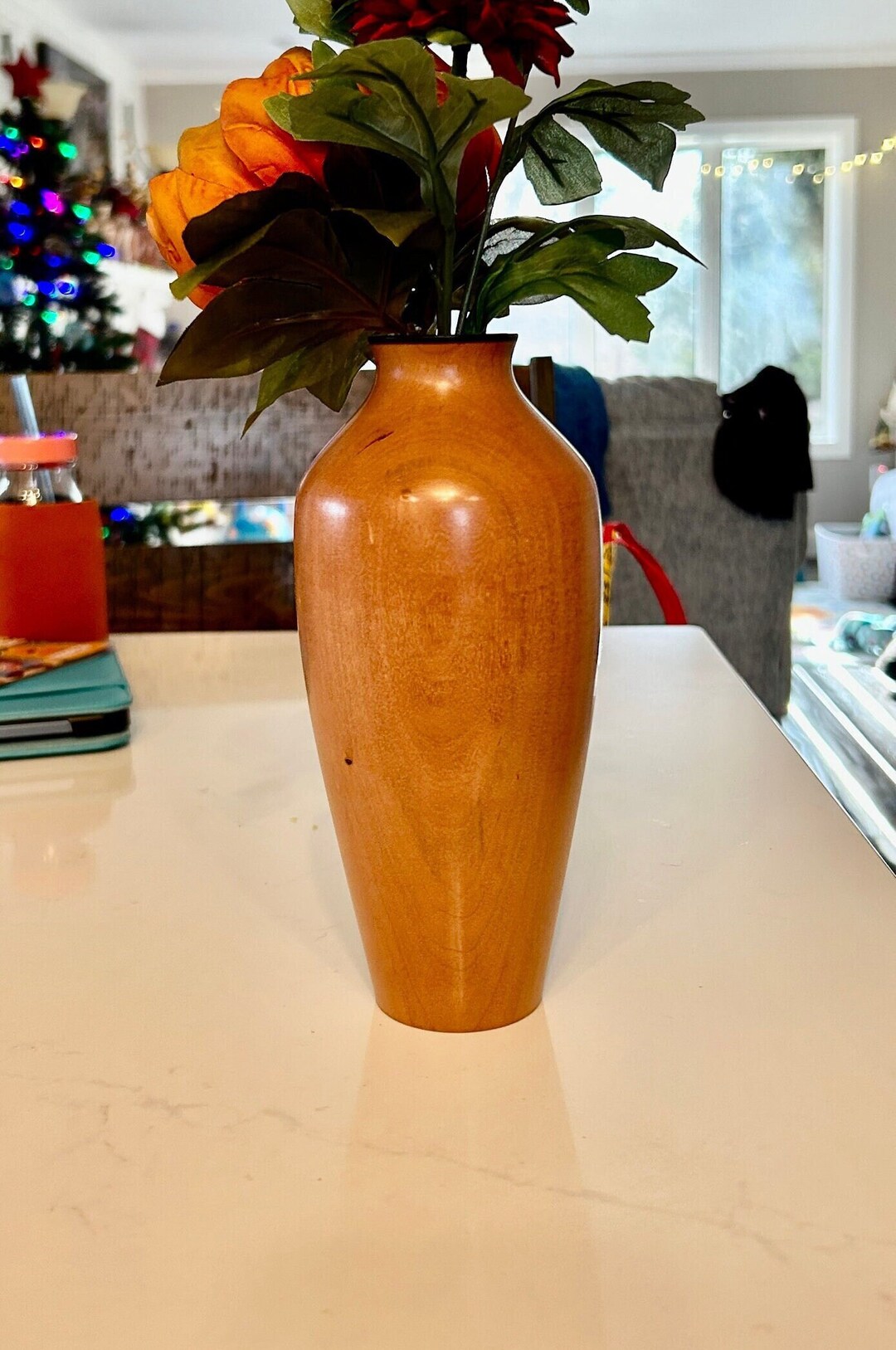 8 Cherry Turned Wood Vase W/ Glass Insert for Wet or Dry Etsy