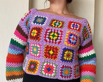 Granny Square Sweater, Handmade Crochet Sweater, Wool Art Sweater, Colorful Patchwork Sweater, Warm Vintage Pullover