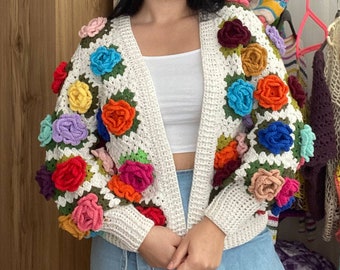 Colorful Fall Cardigan, Multi Color Rose Chunky Cardigan, Mommy and Me Cardigan, Granny Square Sweater, Wool Art Cardigan, Gift to Wife